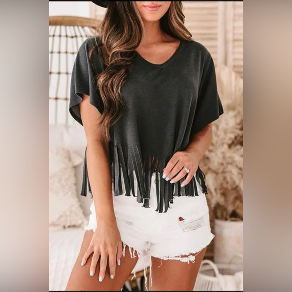 Black Fringe Hem Top